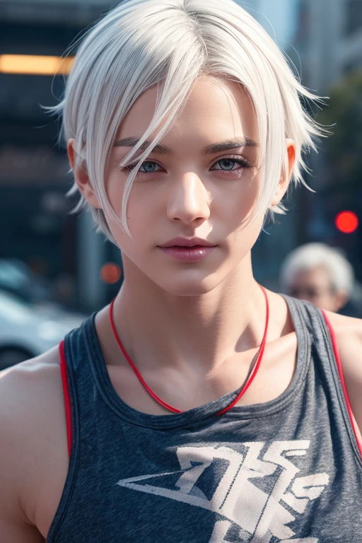 Short messy boy band member white hair, red eyes, close-up photo, photorealistic, wearing tank top and Jogger pants, solid colors, futuristic city, dynamic camera angle, full body beautiful anime style, clean detailed faces, intricate clothes, analogous colors, bright shadows, beautiful gradient, depth of field, hair light, clean image, high quality, high detail, high definition,  Luminous Studio graphics engine, beautiful face, slim waist, 16k