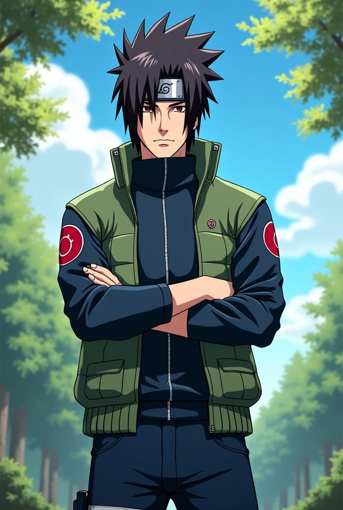 Generate an image of Kakashi hatake in Aiden Parker's outfit but keep Hairstyle of Kakashi. Don't make him wear hat. Also don't keep the sharingan. Keep both the eyes normal and the hairstyle should be brownish black
