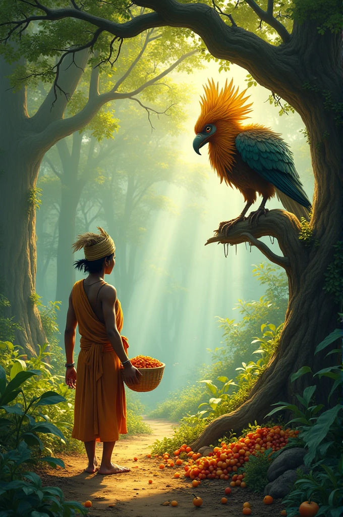 Gathering Supplies**  
   Raghur is shown gathering fruits and grains in the forest, with Garuda perched on a nearby tree, watching over him. The scene is peaceful, with sunlight filtering through the leaves and birds chirping in the background