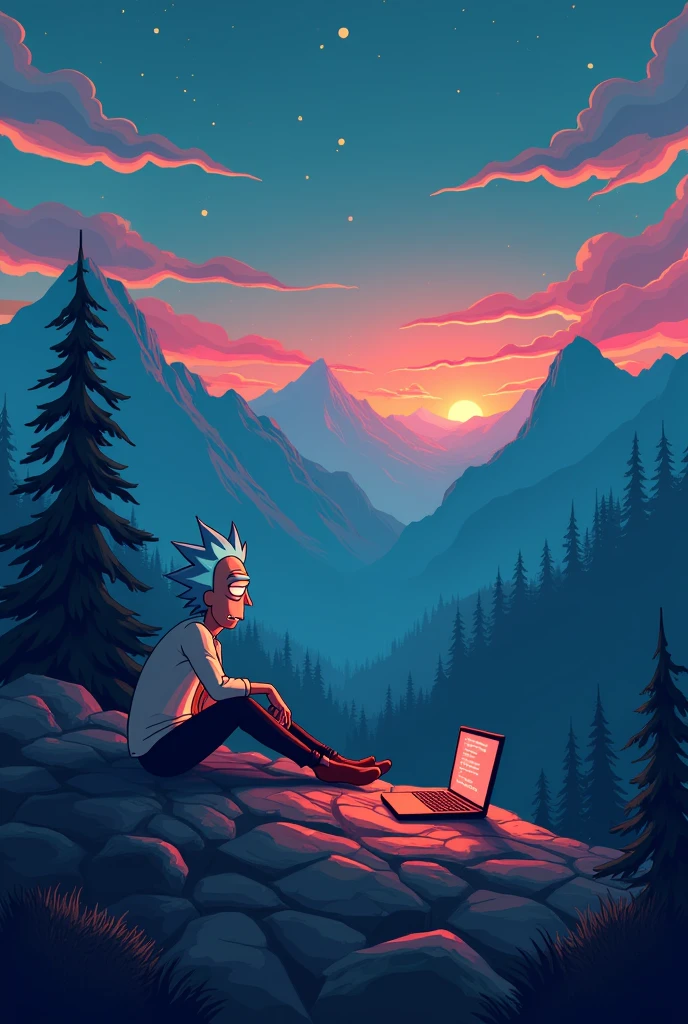 create a profile header for youtube size 2048 x 1152, in the picture on the left in the corner is Rick from "Rick and Morty" sitting at the laptop, and on the right is the program code against the backdrop of mountains