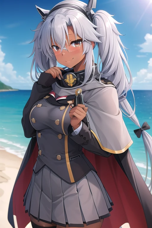 ((masterpiece)),(best quality),official art,extremely detailed CG,unity 8k wallpaper,ultra detailed,A lighthouse on a cliff by the sea,1girl,solo,upper body,(portrait:1.2),grey_jacket,grey-framed_eyewear,button,dark_skin,tan,glasses,twintails,rectangular_eyewear,looking_at_viewer,black_thighhighs,hair_between_eyes,semi-rimless_eyewear,very_long_hair,large_breasts,brown_eyes,grey_skirt,pleated_skirt,headgear,long_sleeves,grey_nails,blush,grey_hair,gorget,smile,black_skirt,miniskirt,jewelry,collar,cape,sakuramon,