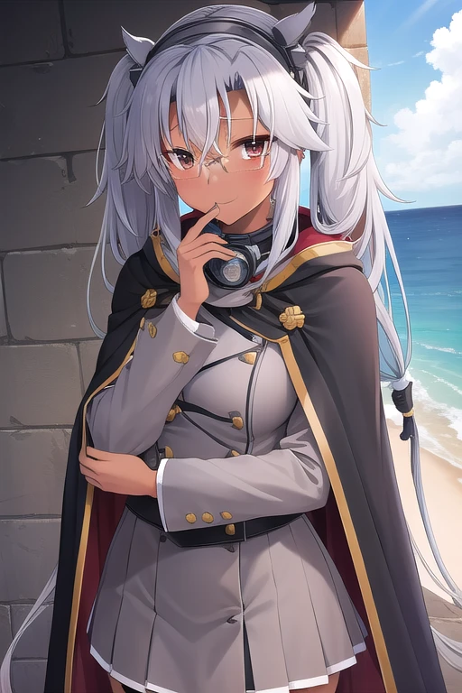 ((masterpiece)),(best quality),official art,extremely detailed CG,unity 8k wallpaper,ultra detailed,A lighthouse on a cliff by the sea,1girl,solo,upper body,(portrait:1.2),grey_jacket,grey-framed_eyewear,button,dark_skin,tan,glasses,twintails,rectangular_eyewear,looking_at_viewer,black_thighhighs,hair_between_eyes,semi-rimless_eyewear,very_long_hair,large_breasts,brown_eyes,grey_skirt,pleated_skirt,headgear,long_sleeves,grey_nails,blush,grey_hair,gorget,smile,black_skirt,miniskirt,jewelry,collar,cape,sakuramon,