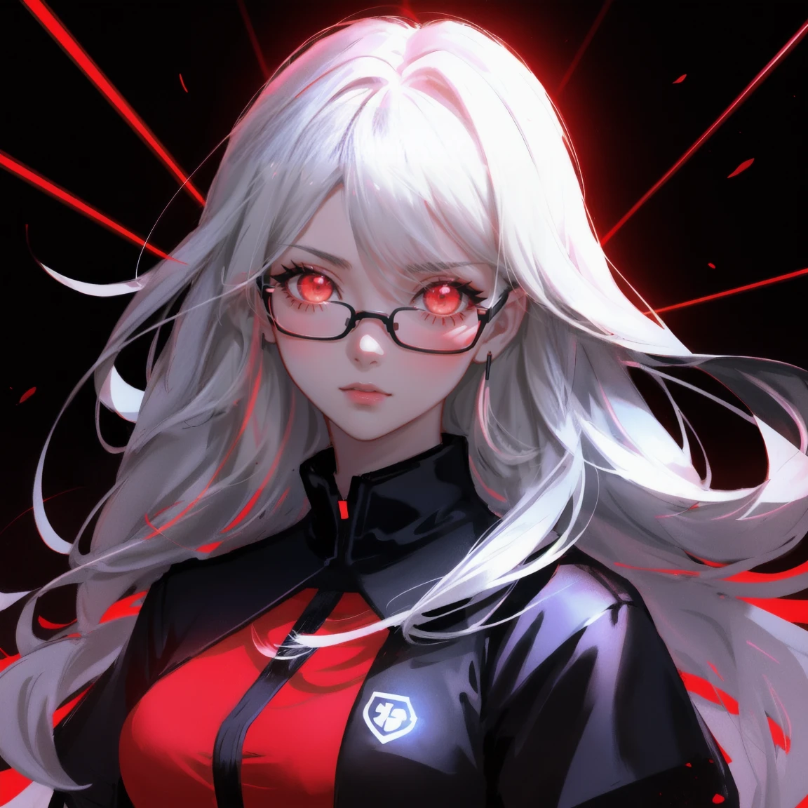 A stylish girl, light particles, red sunglass, shinning light tone, crystal particles, sharp jawline, lengthy face, dark red with sparkling light particles lipstick, silver teeth, sharp teeth, best details of mouth,
