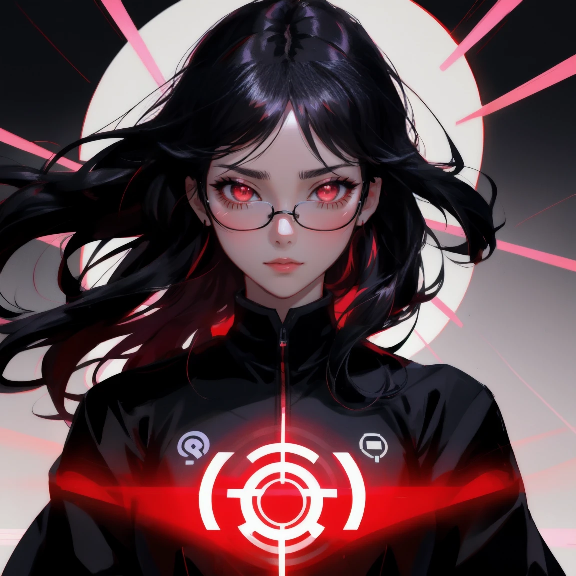 A manga-style illustration of the anime character cute girl I-Dayu from Kakegurui, radiating red energy with laser eyes and an intense expression. The background is dark and mysterious, enhancing his silhouette against a backdrop of glowing lines. His hair should be flowing in lightness, creating dramatic shadows that accentuate her powerful aura. Use bold colors to highlight details like shiny black glasses or futuristic attire. T-shirt design graphic, vector, contour, white backgorund