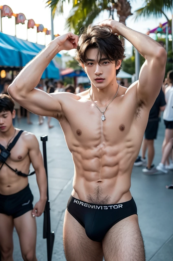 Crowded amusement park, amusement park light, crowded people, Very dirty Stain in his thong, Very hairy armpits, Very detailed finger, don't merge body, Very young boy, ager boy, (photorealistic, masterpiece, best quality), white pale skin, muscular man, hunk, charming, attractive, wearing necklace in his neck, completely naked , Realistic, fully naked, nude, perfect , male , modeling for a photoshoot, editorial style, handsome man, detailed face, Very crowded classroom, Topless, shirtless,  boy, very young boy, Cinematic soft lighting illuminates a stunningly detailed and ultra-realistic handsome korean male supermodel, ultra messy long curly hair, clear honey eyes, captivating perfect smile, sensual, hot man, insanely handsome, showing off his sweaty body, very sixpack muscular body build, slender, toned, full body, 8k, photography, masterpiece, detailed face, detailed eyes, detailed hands, in the crowded festival showing off his very bushy hairy armpits, only wearing very thin micro thong with big hard bulge, very wet body, very sweaty body, amusement park  background, amusement park scenery, wearing thin thong