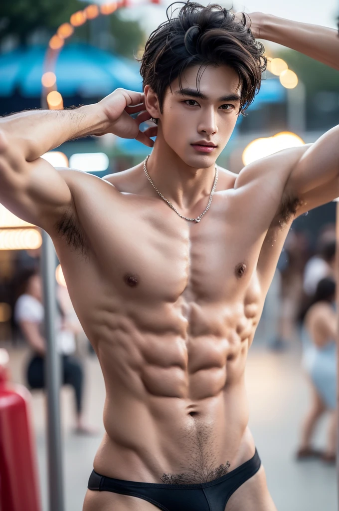 Crowded amusement park, amusement park light, crowded people, Very dirty Stain in his thong, Very hairy armpits, Very detailed finger, don't merge body, Very young boy, ager boy, (photorealistic, masterpiece, best quality), white pale skin, muscular man, hunk, charming, attractive, wearing necklace in his neck, completely naked , Realistic, fully naked, nude, perfect , male , modeling for a photoshoot, editorial style, handsome man, detailed face, Very crowded classroom, Topless, shirtless, boy, very young boy, Cinematic soft lighting illuminates a stunningly detailed and ultra-realistic handsome korean male supermodel, ultra messy long curly hair, clear honey eyes, captivating perfect smile, sensual, hot man, insanely handsome, showing off his sweaty body, very sixpack muscular body build, slender, toned, full body, 8k, photography, masterpiece, detailed face, detailed eyes, detailed hands, in the crowded festival showing off his very bushy hairy armpits, only wearing very thin micro thong with big hard bulge, very wet body, very sweaty body, amusement park background, amusement park scenery, wearing thin thong