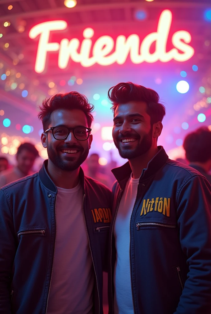 A lively party scene with two mans enjoying themselves, wearing jackets with their names on them—'Aman' on one and 'Nitin' on the other. In the background, the word 'Friends' is prominently displayed in bold, festive letters, capturing the spirit of friendship and celebration in this vibrant 3D setting