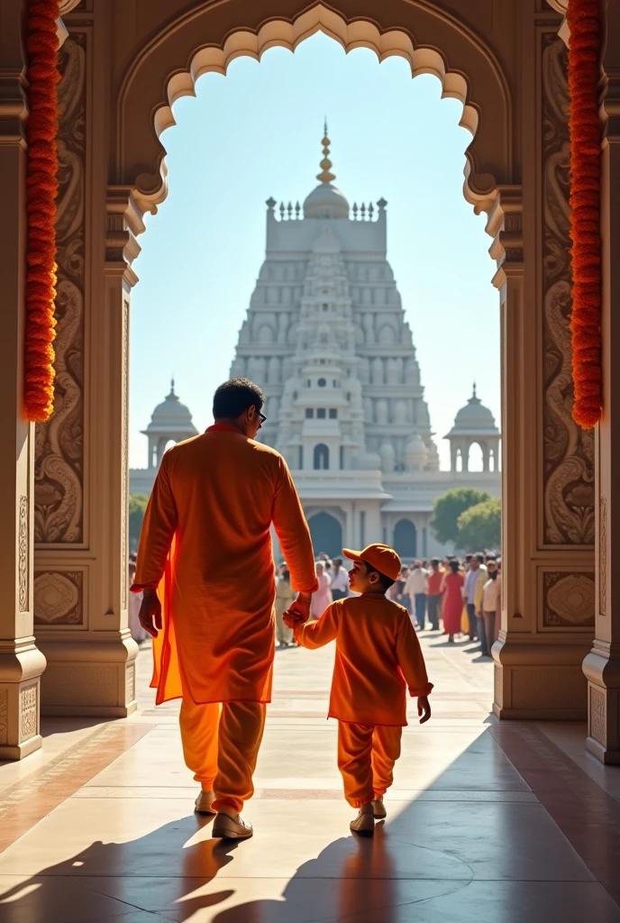 

An desi Indian father and son returning from a temple. And talking each other. Background a indian temple 
