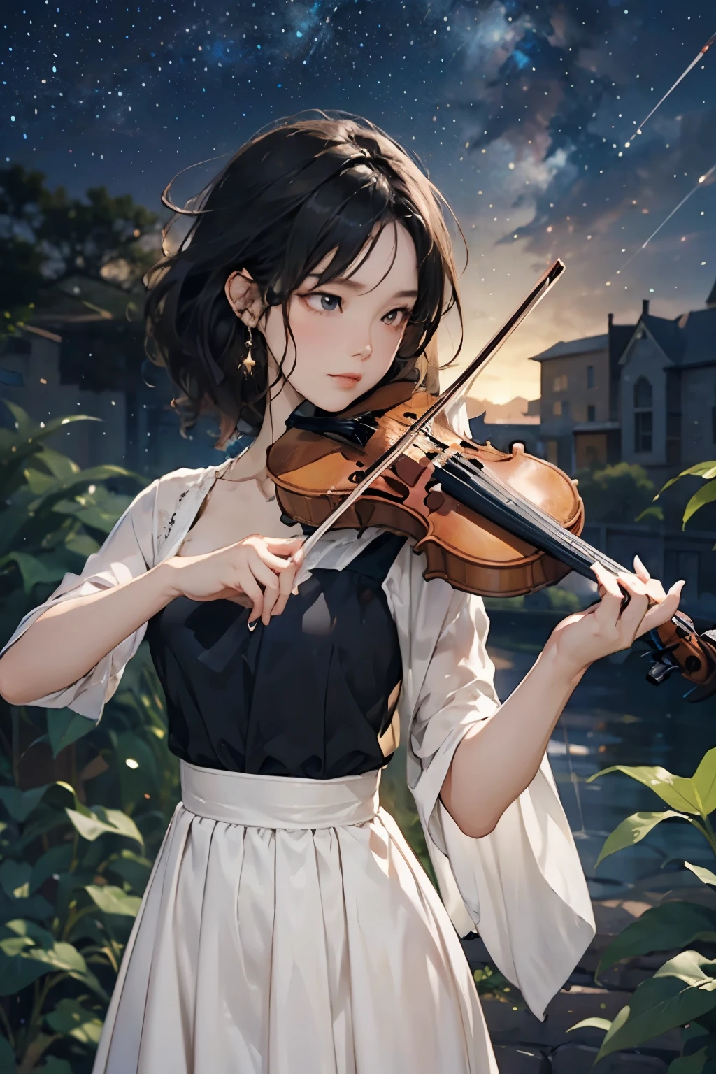 (Starry sky background:1.2)、1 female、20-year-old woman、Playing the violin、Perfect Anatomy,Beautiful light and shadow, ,Beautiful white skin, Black Hair,Center of chest, slim、Violin Solo Concert, Simple and elegant classic dress、Serious face、全力でPlaying the violin、British Castle Parks、Outdoor、masterpiece, Highest quality, detailed,、