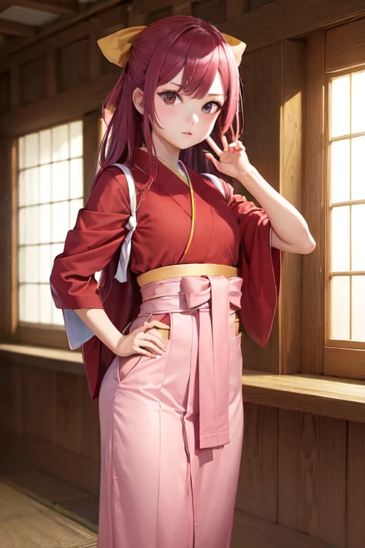 (masterpiece, best quality:1.2), solo, 1girl, kckamikaze, expressionless, looking at viewer, hand on hip, hair bow, japanese clothes, red kimono, tasuki, pink hakama