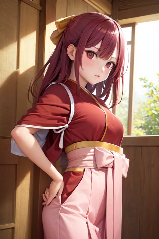 (masterpiece, best quality:1.2), solo, 1girl, kckamikaze, expressionless, looking at viewer, hand on hip, hair bow, japanese clothes, red kimono, tasuki, pink hakama