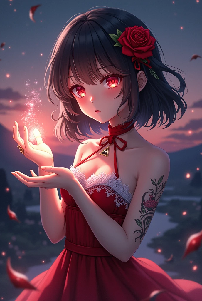 A anime girl with red and white dress And her eye is red .Magical power in her hand And her hair is white and black Beautiful tattoo in her and and a magical triangle ring in her wrist . A beautiful red rose in her hair and her dress is dim lightening with a beautiful background