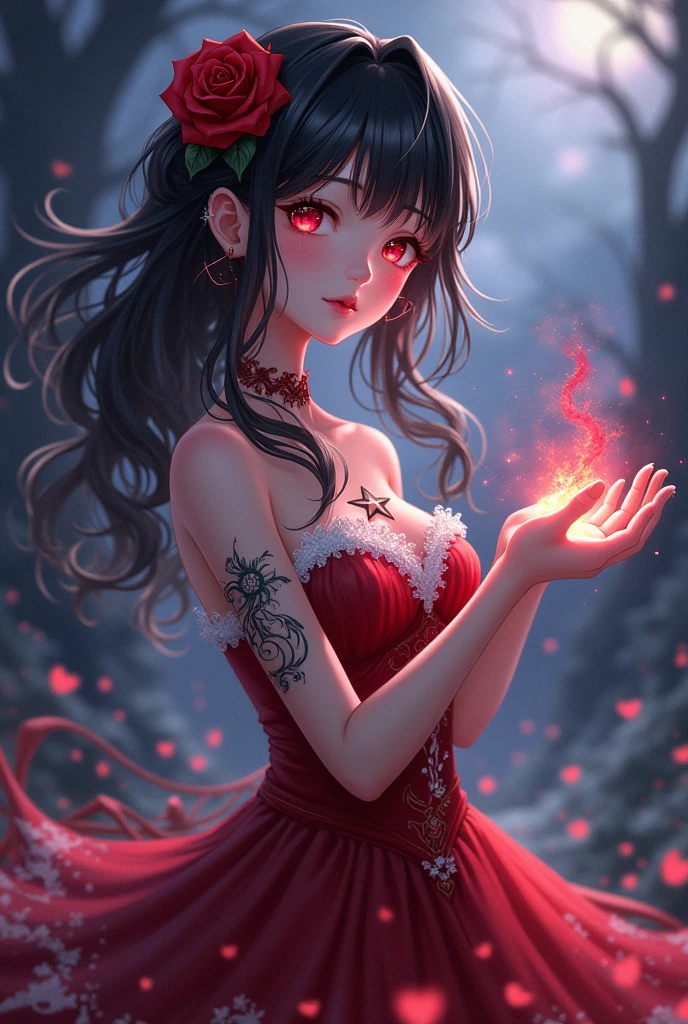 A anime girl with red and white dress And her eye is red .Magical power in her hand And her hair is white and black Beautiful tattoo in  her and and a magical triangle ring in her wrist . A beautiful red rose in her hair and her dress is dim lightening with a beautiful background 