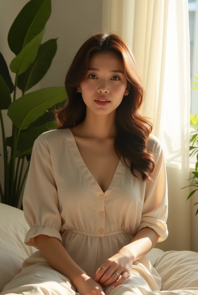Asian women portrait photography,warm sunlight,Green plants placed beside the bed,indoor
