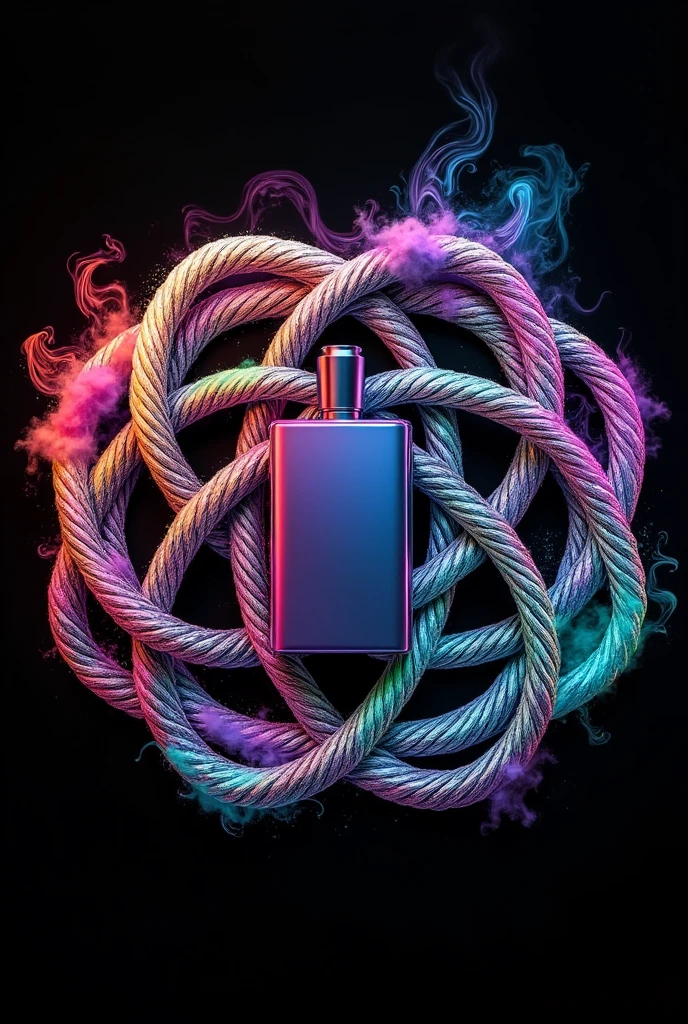 Draw a Hexagonal chinese knot made of crossed metal wires circular with ≥ 4 with a rectangular vaporizer vaper/square with matte colors (with rounded edges) inside intertwined to the knto, The drawing must be with psychedelic colors with a black background, The rope colors must be psychedelic.
The scale must be square not rectangular The vaporizer vaper must be between linked to the knot