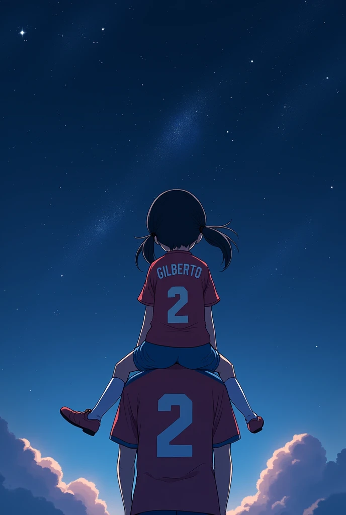 High quality photography, The girl on his back has the name Gilberto with the number 2 below, Soccer Shirt The girl is with her back turned and is sitting in the night watching the stars Anime drawing,
