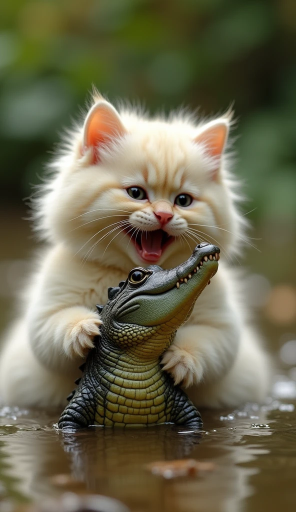 photorrealistic, 64k, cute big fat [persian cat] playing happy with baby crocodile