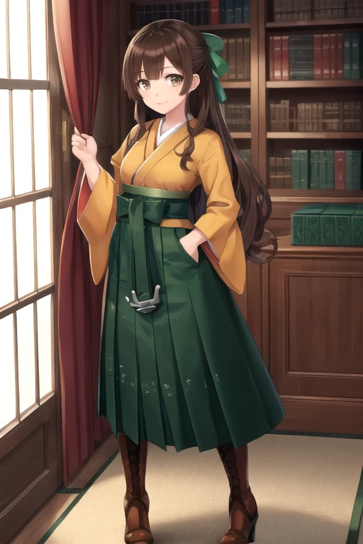 (masterpiece), (best quality), (ultra-detailed), photorealistic, (best illustration), (an extremely delicate and beautiful), 1girl, solo, finely detailed eyes, finely detailed iris, orange kimono, anchor, (wide sleeves), long sleeves, smile, full body, standing, cross-laced footwear, brown boots, high heel boots, military library, detailed indoor scenery, hand on hip, green bow, hair bow
BREAK hiryuuchan, brown hair, brown eyes, (one side up), (half updo)  BREAK (green hakama), hakama skirt, long skirt 