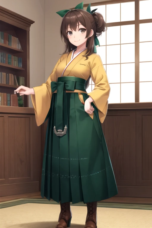 (masterpiece), (best quality), (ultra-detailed), photorealistic, (best illustration), (an extremely delicate and beautiful), 1girl, solo, finely detailed eyes, finely detailed iris, orange kimono, anchor, (wide sleeves), long sleeves, smile, full body, standing, cross-laced footwear, brown boots, high heel boots, military library, detailed indoor scenery, hand on hip, green bow, hair bow
BREAK hiryuuchan, brown hair, brown eyes, (one side up), (half updo)  BREAK (green hakama), hakama skirt, long skirt 