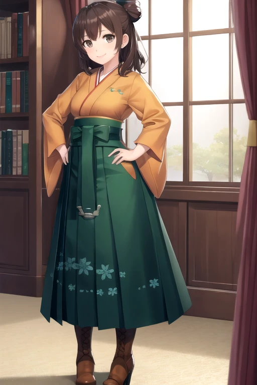 (masterpiece), (best quality), (ultra-detailed), photorealistic, (best illustration), (an extremely delicate and beautiful), 1girl, solo, finely detailed eyes, finely detailed iris, orange kimono, anchor, (wide sleeves), long sleeves, smile, full body, standing, cross-laced footwear, brown boots, high heel boots, military library, detailed indoor scenery, hand on hip, green bow, hair bow
BREAK hiryuuchan, brown hair, brown eyes, (one side up), (half updo)  BREAK (green hakama), hakama skirt, long skirt 