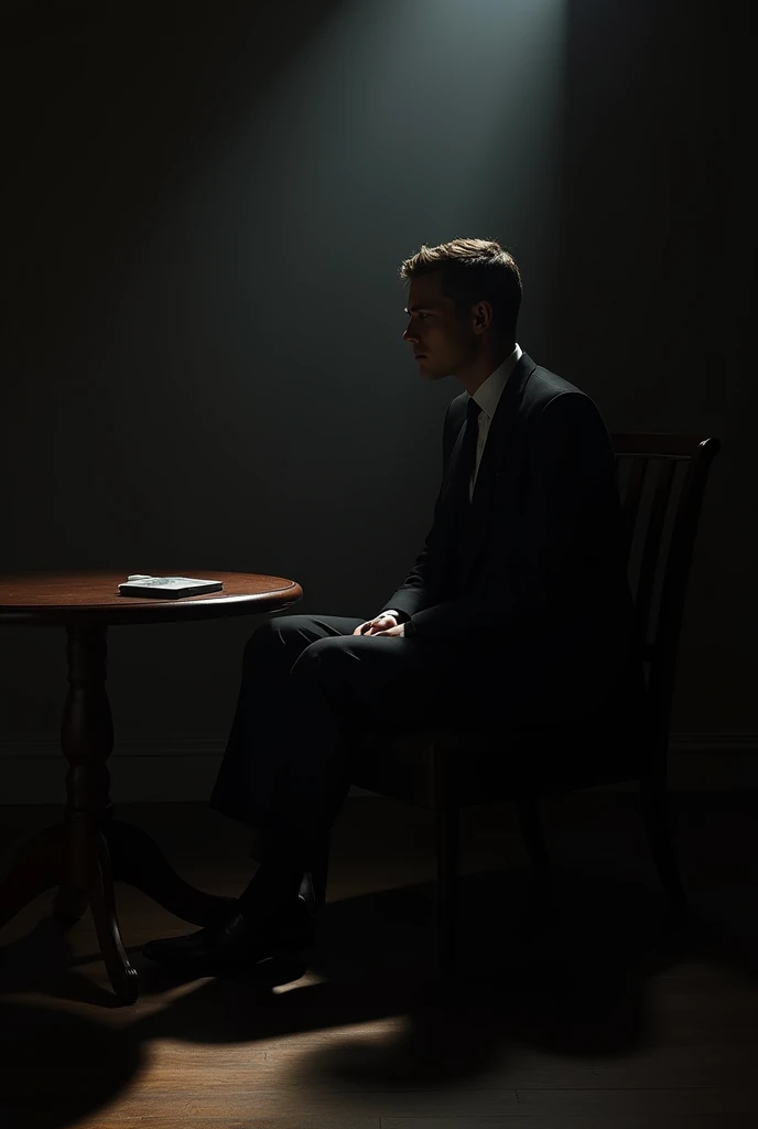 first. The second one will only show the silhouette. The third one is in a pose suggesting something.. The fourth one will be wearing a black suit and black tie.. Sitting on a chair, at a table, in a dark room