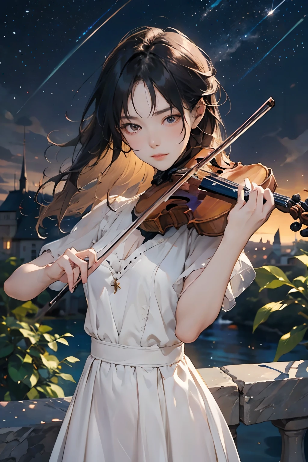 (Starry sky background:1.2)、1 female、20-year-old woman、Playing the violin、Perfect Anatomy,Beautiful light and shadow, ,Beautiful white skin, Black Hair,Center of chest, slim、Violin Solo Concert, Simple and elegant classic dress、Serious face、全力でPlaying the violin、British Castle Parks、Outdoor、masterpiece, Highest quality, detailed,、