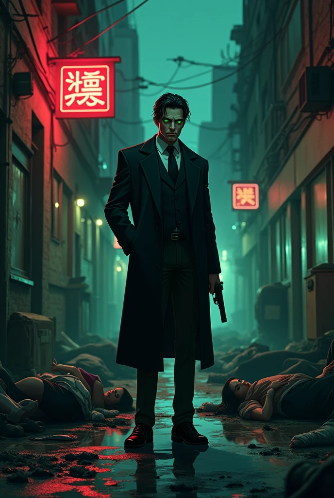 A mobster man in his 30s, Italian, green-eyed, black-haired, psychopath holding a gun with bodies of his victims around him. anime style