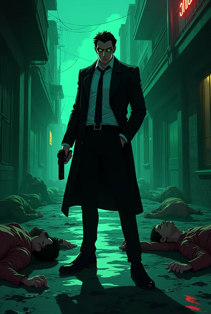 A mobster man in his 30s, Italian, green-eyed, black-haired, psychopath holding a gun with bodies of his victims around him. anime style