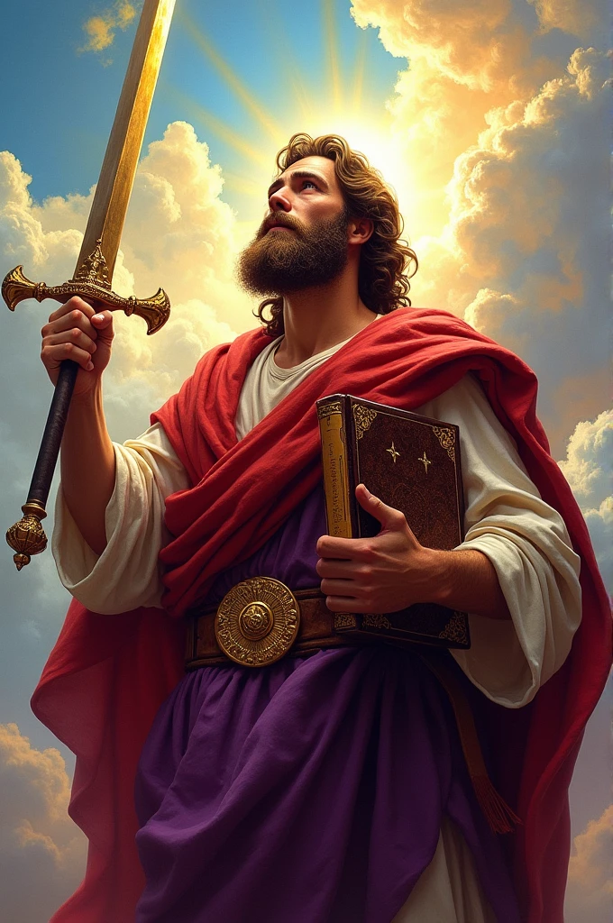 St Paul with sword and Bible, with name St Paul as title, colourful painting