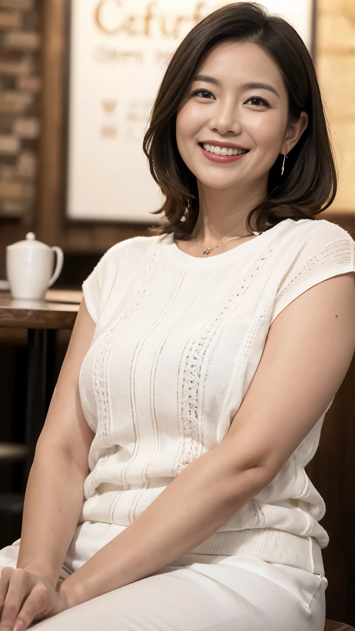 8k wallpaper, masterpiece, Highest quality, Very detailed, One Mature Woman, 50 years old, Become very clear, Wearing a short-sleeved knit, Skin dents, Captivating smile, Looking at the audience, No lapel microphone, Plump, Curvaceous, Attractive face, Smiling with teeth showing, I was happy, sitting in a cafe, Background Blur