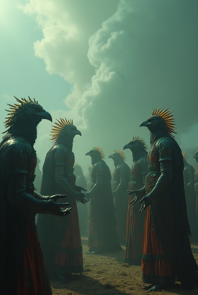 La scène est atmosphérique et ouverte, images sacrificielles anciennes, enfumé et plein de fumée, oiseaux en vêtements humains dansant, adorer le dimanche, (détails détaillés du costume, sens de la lumière des vêtements détaillés), apparaissant faiblement, détails détaillés des plumes d&#39;oiseaux, sensation d&#39;image lourde et complexe, (plein d&#39;images étranges et mystérieuses), le fond est nuageux, les photos sont réalistes, 8k,
