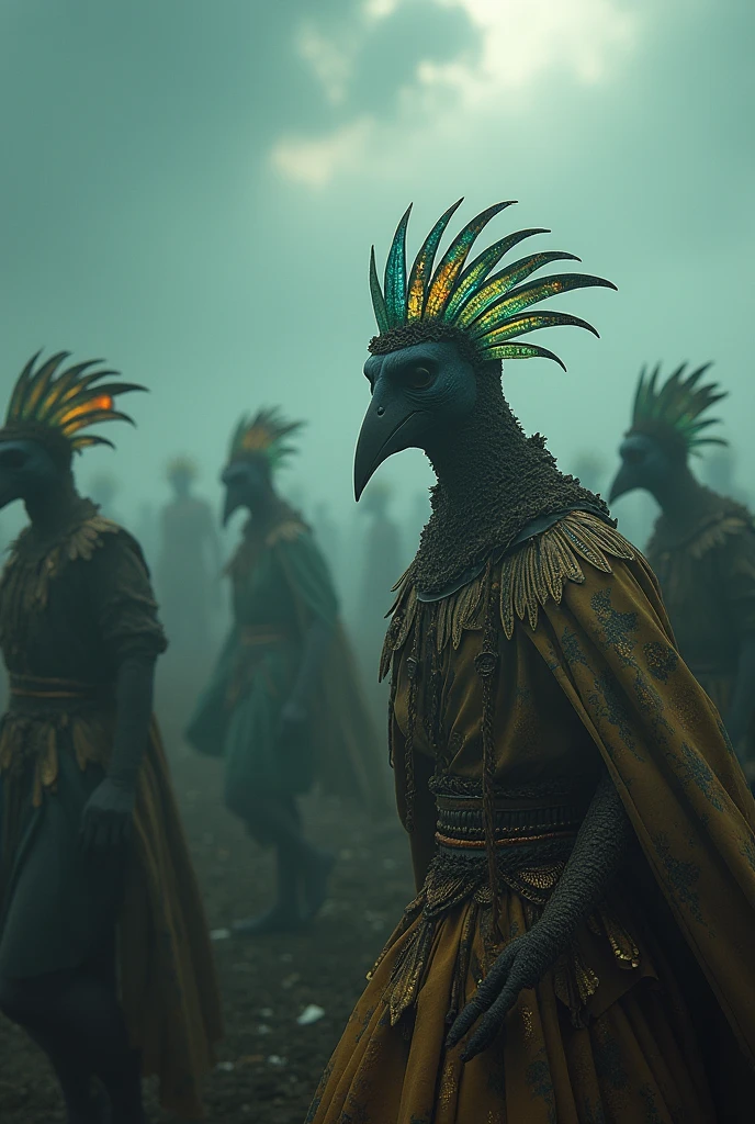 La scène est atmosphérique et ouverte, images sacrificielles anciennes, enfumé et plein de fumée, oiseaux en vêtements humains dansant, adorer le dimanche, (détails détaillés du costume, sens de la lumière des vêtements détaillés), apparaissant faiblement, détails détaillés des plumes d'oiseaux, sensation d'image lourde et complexe, (plein d'images étranges et mystérieuses), le fond est nuageux, les photos sont réalistes, 8k,
