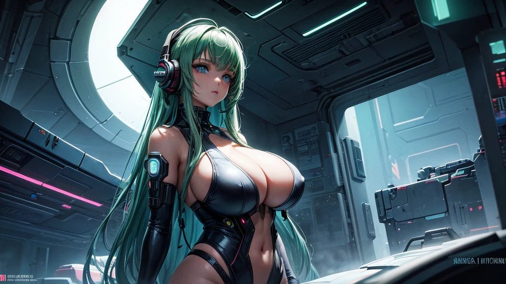 ((inside cyberpunk spaceship)), abstract beauty, approaching perfection, delicate face, dynamic, moonlight, highly detailed, digital painting, artstation, concept art, smooth, sharp focus, illustration, green hair, huge breast, wearing headphones, fat ass, cleavage cutout, breast cutout, exposed breasts, upper body, Her piercing blue eyes locked onto the viewer, revealing her voluptuous figure clad in a tiny astronaut custume that hugged every curve