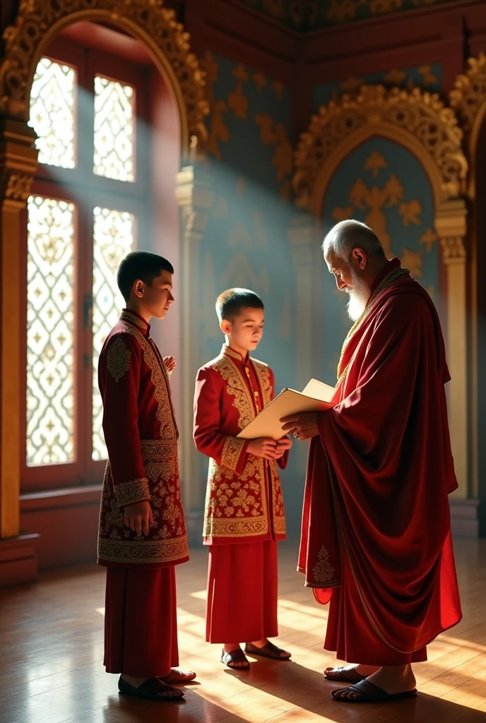 A picture of two young handsome Burmese ancient princes wearing with the prince's suit which has a lot of jewels on it studying from an old wise Buddha follower holding the paper of the preached of Load Buddha in his hand in the monastery.