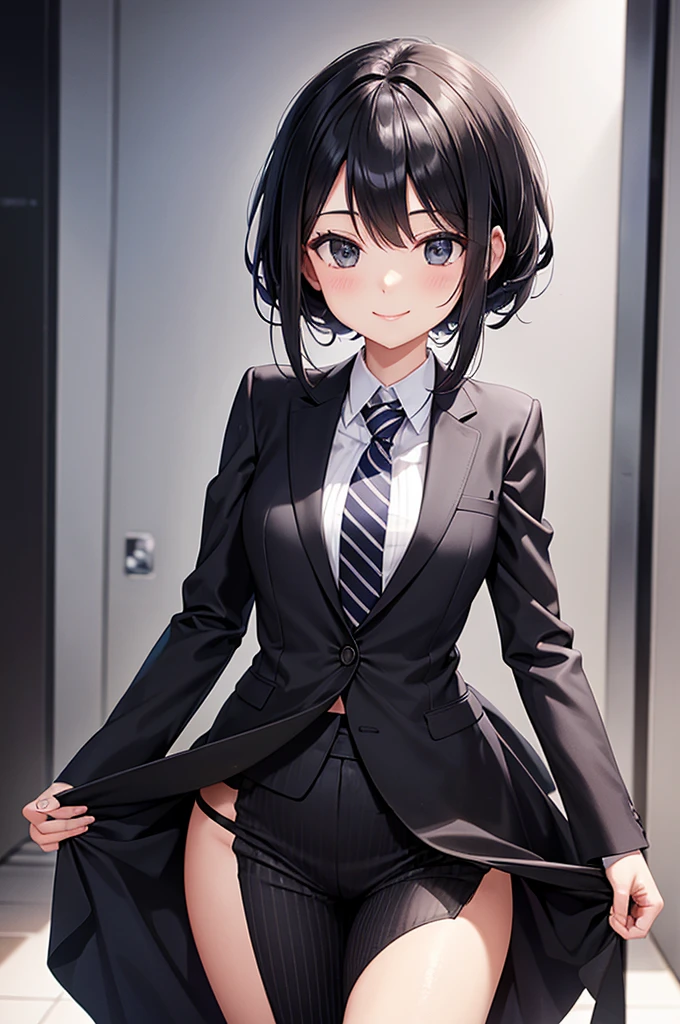 A woman wearing a black suit with gray stripes smile tie