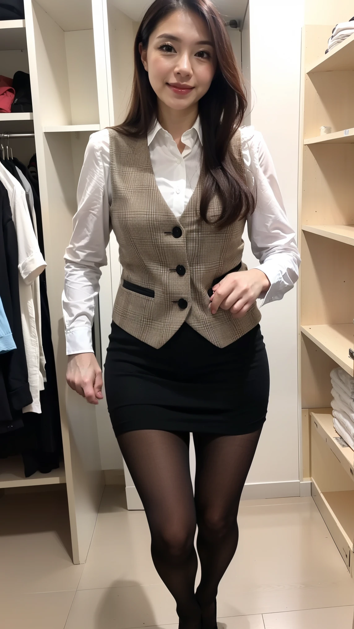 ulzzang-6500-v1.1, (RAW Photos:1.2), (Realistic), (Genuine:1.4), 1、Perfect Anatomy、48 years old、Looking into the camera、Medium Long Hair、Plaid vest、((Taking off clothes in the dressing room.:1.3))、(Ultra-realistic pantyhose:1.3), (High heels)、(Business services)、
