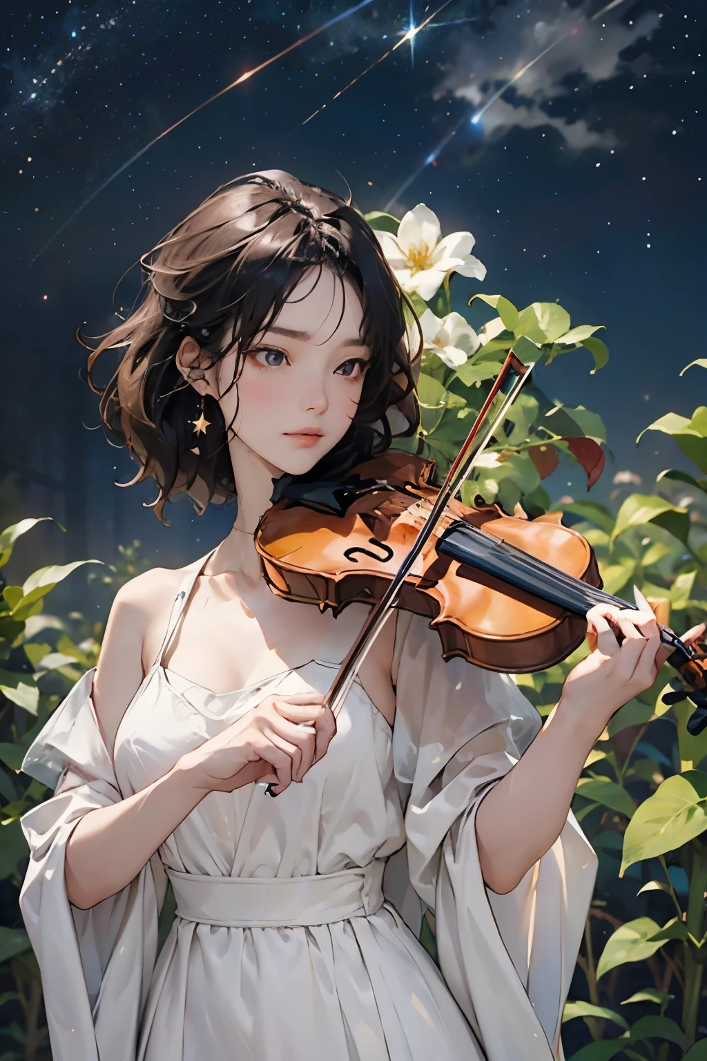 (Starry sky background:1.2)、1 female、20-year-old woman、Playing the violin、Perfect Anatomy,Beautiful light and shadow, ,Beautiful white skin, Black Hair,Center of chest, slim、Violin Solo Concert, Simple and elegant classic dress、Serious face、全力でPlaying the violin、British Castle Parks、Outdoor、masterpiece, Highest quality, detailed,、