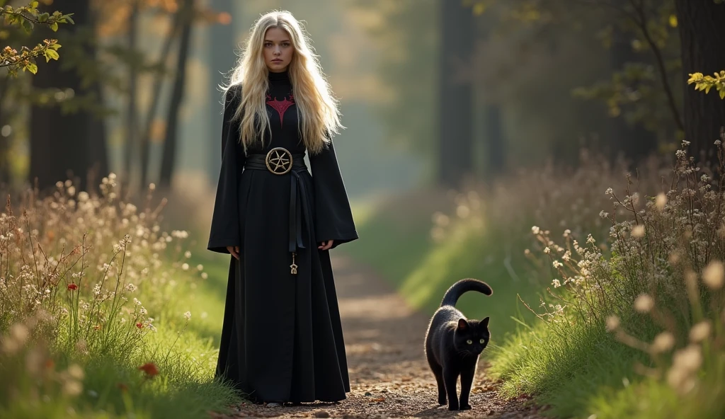 Spring. Beautifull blonde satanist girl walking with black cat 
