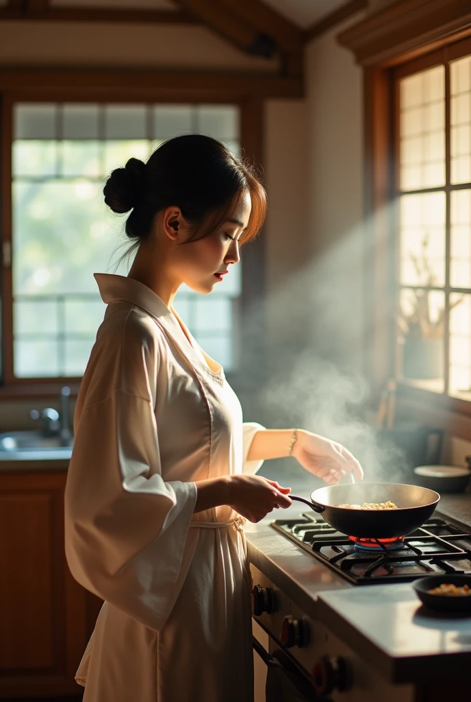 A naked Japanese woman is cooking in the kitchen with a frying pan。A close-up of her chest and calm expression.、It shows her inner peace and outer charm.。