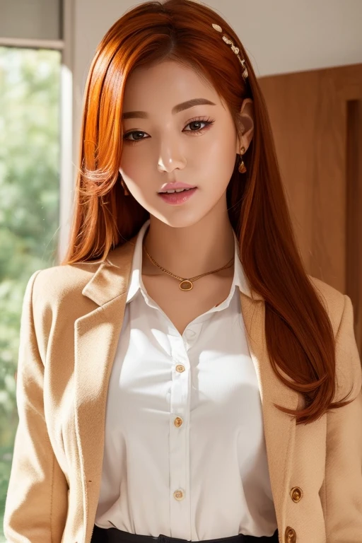 (Masterpiece:1.4), (best quality:1.2), yoo sangah, 1girl, white shirt, brown jacket, orange hair, upper body