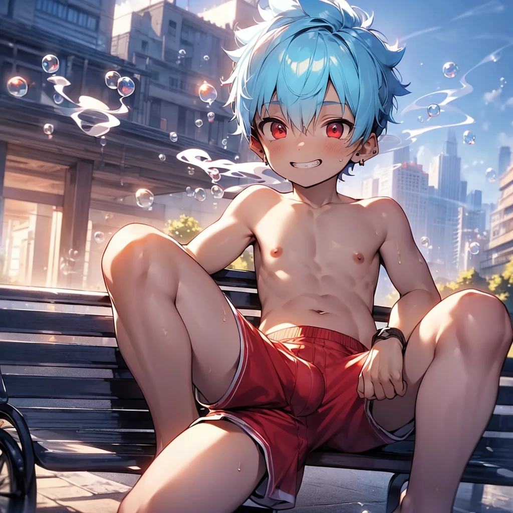 (solo:2), (boldline:-1.8), (smoke:1.6), (((bubble))), (index finger and arm around mouth:1.4), (sitting on bench:1.5), (spread legs:1.5), (((fang))), (((best finger))), (((best hands))), (((best arms))), (((best legs))), BREAK (best quality:1.5), (absolutely resolution:1.5), (ultra detailed:1.5), (masterpiece:1.5), (perfect face), (detailed face), (detailed eyes), (best eyes), (cute face), (shota:2), BREAK (topless:1.5), BREAK (red short pants:1.5), (bulge:1.6), (skinny:1.3), (spiked hair), BREAK (light blue hair:1.5), (wine red eyes:1.4), (eyes with highlight:1.6), ((mole under eye)), (sweaty skin), (light skin), (grin:1.5), ((earrings)), (shiny skin:1.3), BREAK (garden), (building:1.5), (at twilight:1.5), (frontlight), ((wind blowing)), ((nipple)), (abs), (groin),