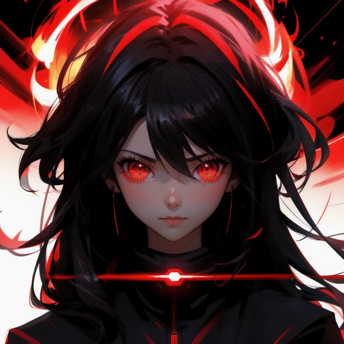 A dynamic, anime-style scene with multiple characters in a red and black color scheme, featuring intense laser eyes and dramatic light streaks. Replace the characters with multiple beautiful, cute girls with similar laser eyes, maintaining the same energetic and vibrant background.