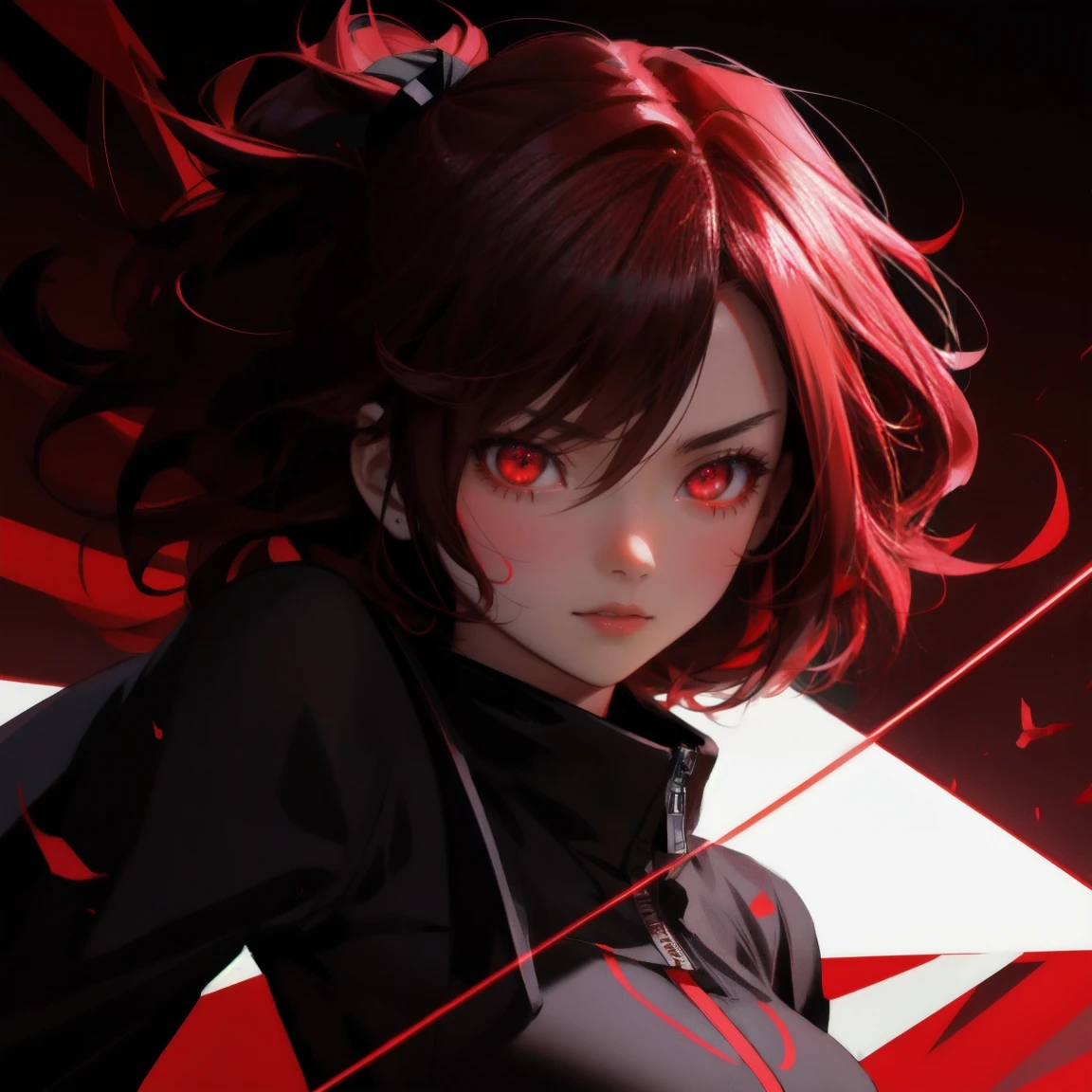 A dynamic, anime-style scene with multiple characters in a red and black color scheme, featuring intense laser eyes and dramatic light streaks. Replace the characters with multiple beautiful, cute girls with similar laser eyes, maintaining the same energetic and vibrant background.