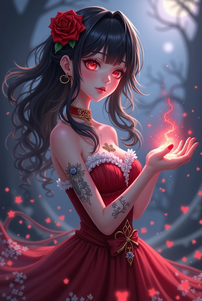 A anime girl with red and white dress And her eye is red .Magical power in her hand And her hair is white and black Beautiful tattoo in her and and a magical triangle ring in her wrist . A beautiful red rose in her hair and her dress is dim lightening with a beautiful background