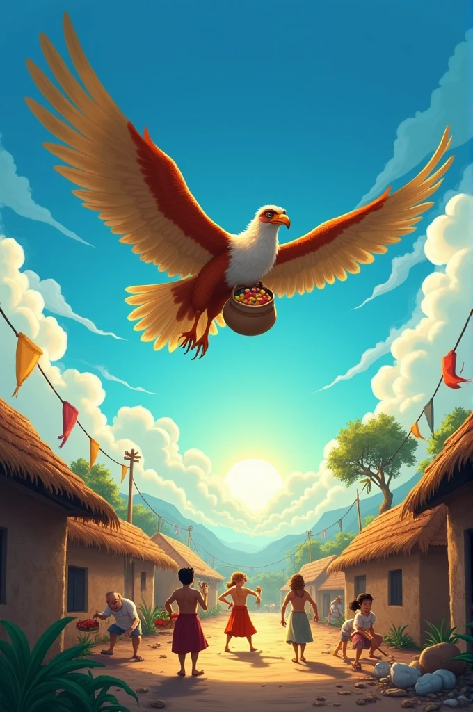 Returning Home**
Raghur and Garuda are seen flying back to the village, with Raghur holding a bag full of food. Below them, the village is slowly recovering from the storm, with villagers beginning to repair their homes. The sky is clear and bright, symbolizing hope and renewal.