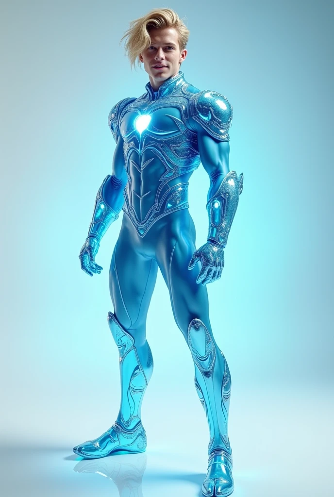 full full body photorealistic handsome hunky fractal masculine Teen titans Blonde Saturn boy wearing a powder blue quartz transparent crystal chrome glass super suit , look at camera, detailed face parts,, studio as background, Freestyle Pose, Happy Expression, perfect anatomy, symmetric body,, 18 years old, :: high detail, a lean athletic body, realistic, human skin, extremely detailed fingers, chad chin,, masculine, human skin, , gorgeous, Attractive. super bulges in action