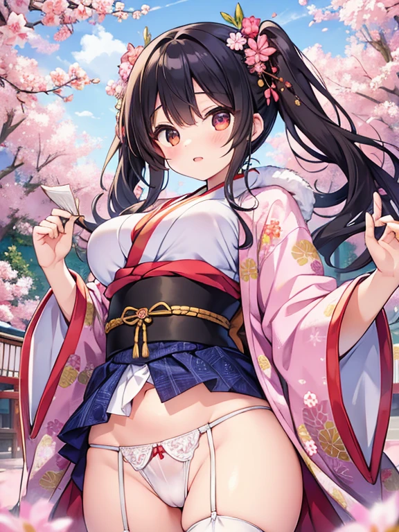 (masterpiece, top quality, super high quality, super high detail, beautiful hair, beautiful eyes, perfect face),
Japanese festival scene, crowded fair, short twintails hair, black hair, very baby face, droopy eyes, heterochromia, pink eye, orange eye, very huge breasts, 145cm tall girl with bandages around her chest, Japanese kimono patterned jacket over it, very small, white loincloth that digs into her crotch. She is wearing a white loincloth with a small, very small hole in the crotch.