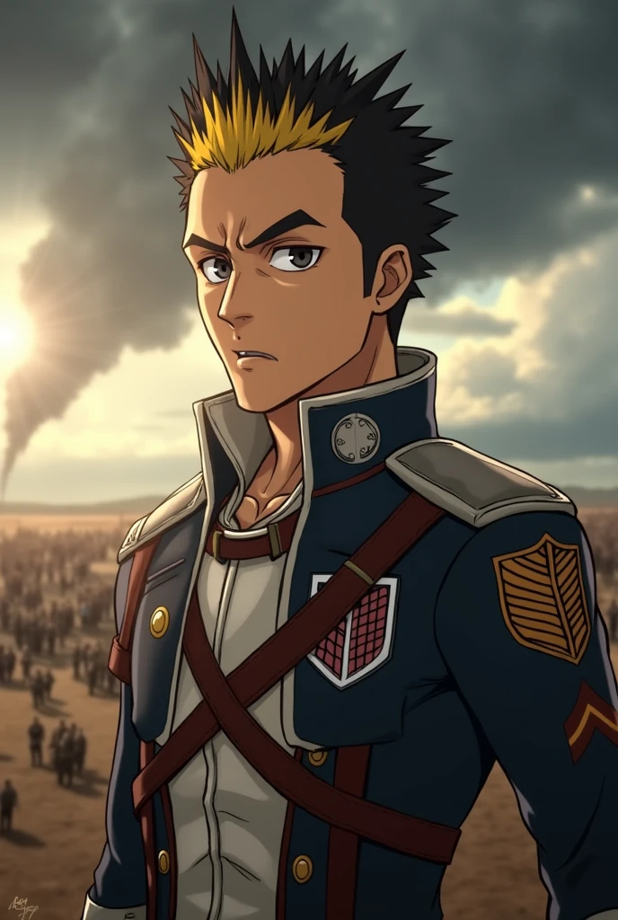 man, short and raised hair, mohawk style hair, blonde tips but black roots, serious expression, thick eyebrows, big black eyes, delgado, white, in the style of Attack on Titan anime, with the attack on titan uniform