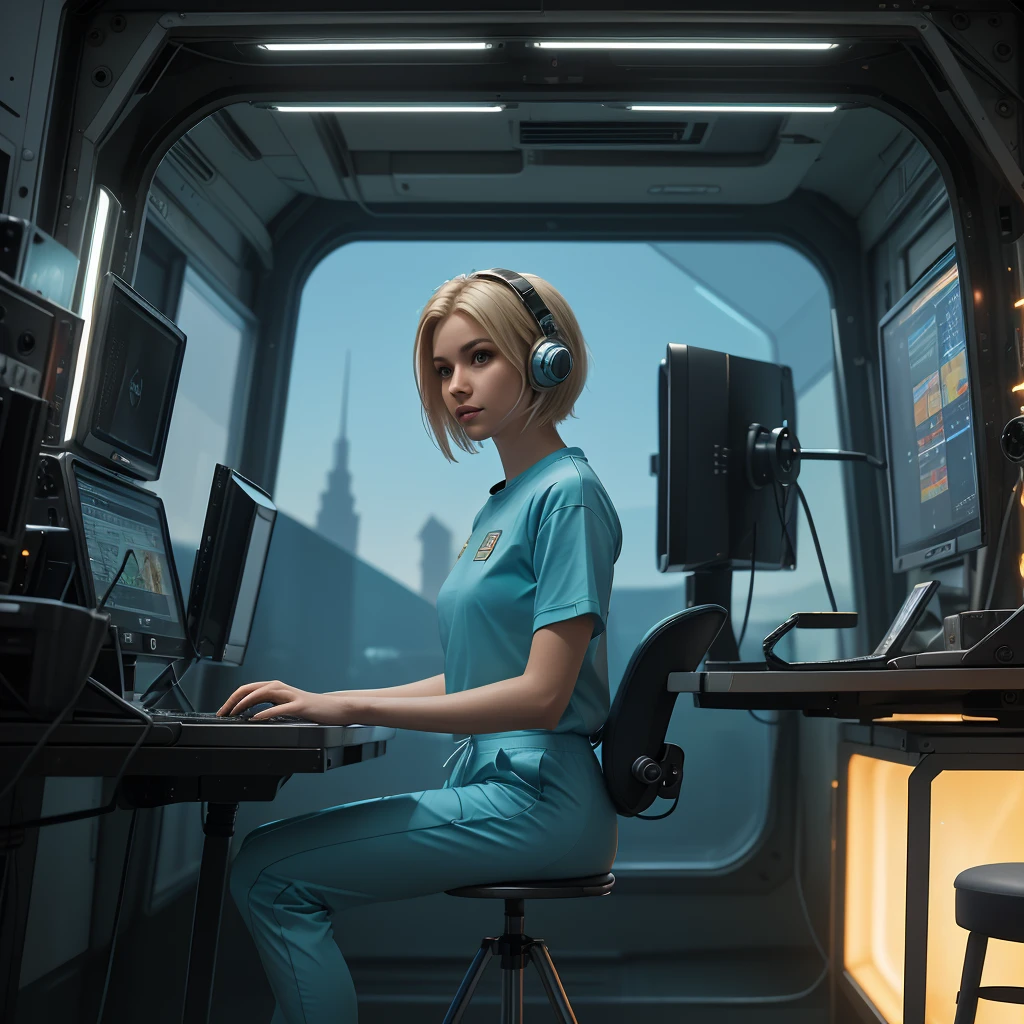 ((gorgeous realistic short hair blonde female 35 years age in a realistic futuristic space station)), in a large room, ((playing Computer Games)), ((sitting on a stool with display and glowing control surfaces)), she is wearing a teal and grey track suit, (photorealistic), (in light grey and teal T Shirt and slacks), (Style-Glass), (()), hdr, antialiased, 8k, ((syd mead)), sharp details, ((masterpiece)), (painterly), (good anatomy), (good proportions), (good composition), (dramapaint), (style-sylvamagic)