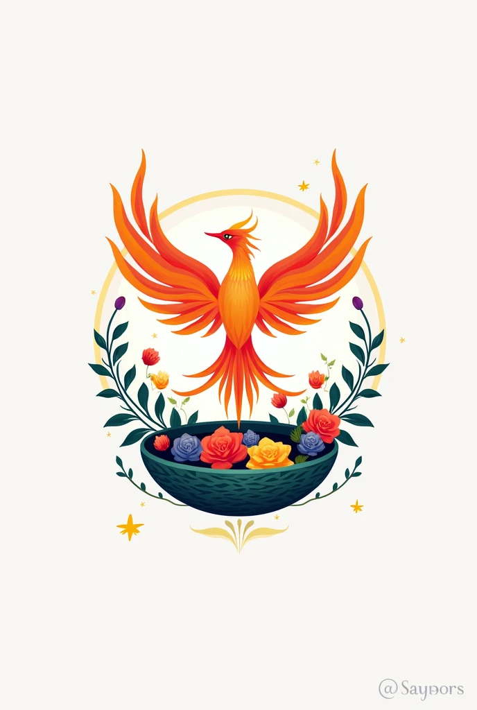 Logotip for channel name- Sayyora's Language Nest. Created with Phoenix bird and beautiful nest decorated with flowers and little birds. It should be modern